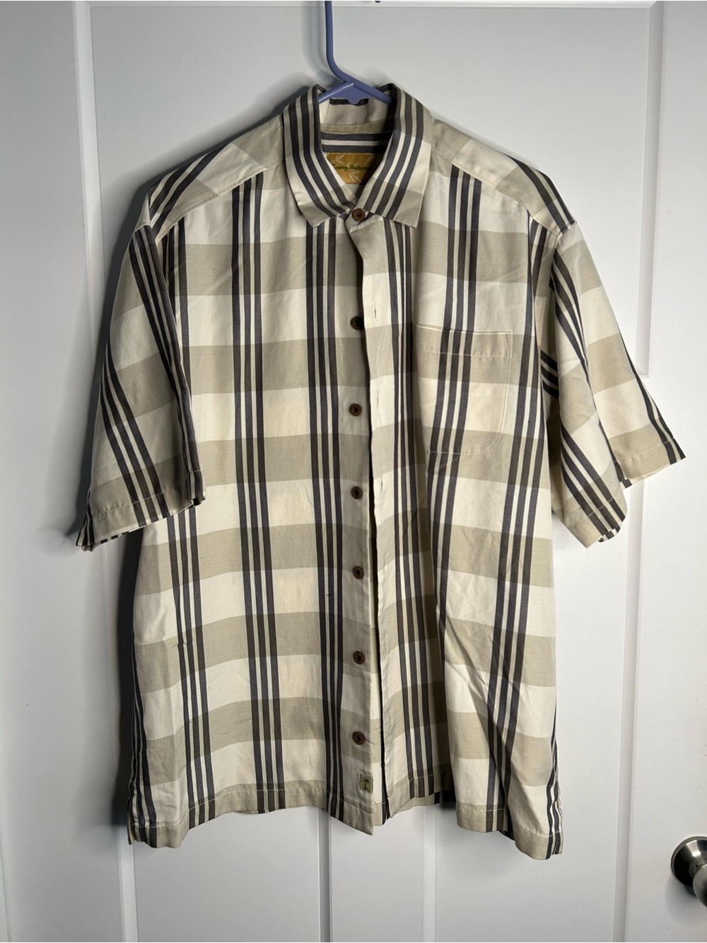 Tommy Bahama Men’s Large Silk Blend Short Sleeve Plaid Button Up Shirt 5828